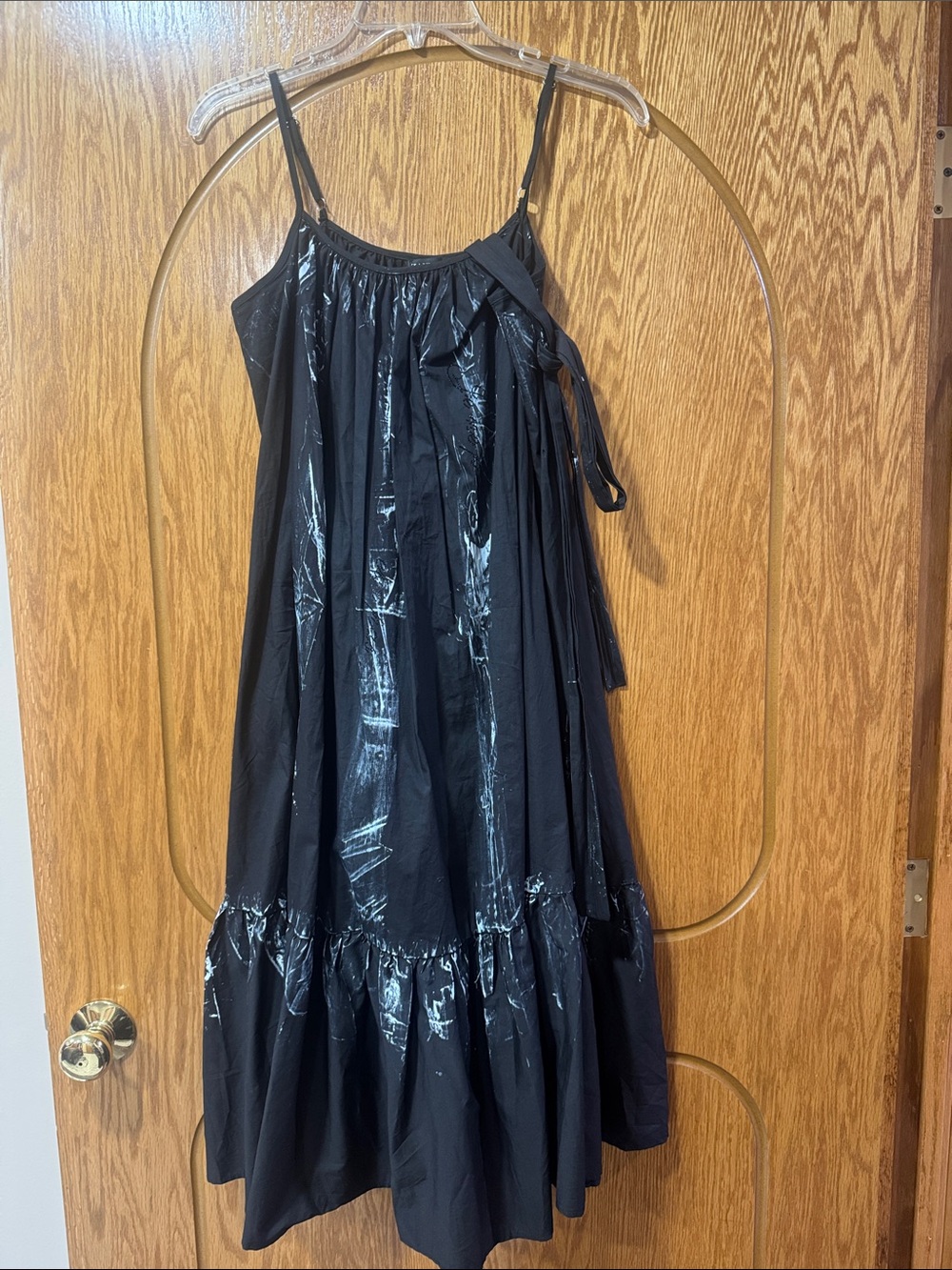 Women’s Black Spaghetti-Strap Tiered Dress with Black Belt around the Waist
